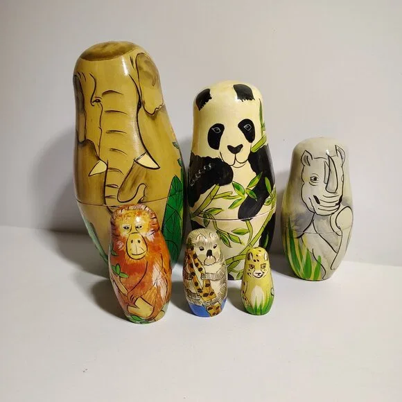 Jungle Nesting Dolls wild animal elephant rhino bear Wood Set Unique Home Decor - Picture 2 of 9